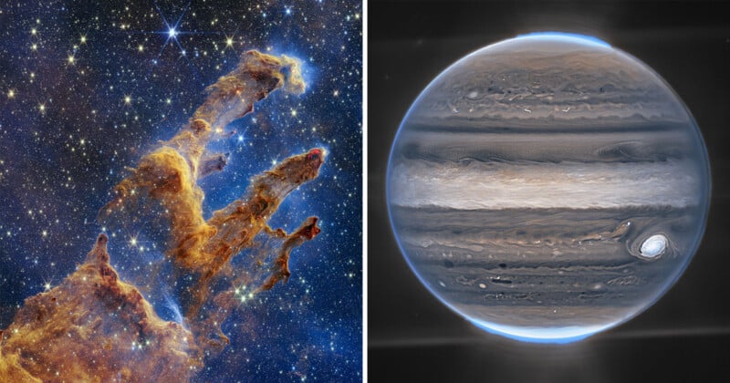 The image is divided into two.  The left side shows the Pillars of Creation, tall, wispy plumes of gas and dust illuminated against a starry background.  The right side shows a detailed view of Jupiter with its distinctive bands and the Great Red Spot.