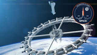 a wheel-shaped space station orbiting the earth with a soft silver rocket approaching it